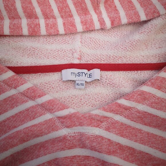 My Style Ladies Size XL Red & White Striped V-neck Terry Cloth Lined Hoodie - Picture 4 of 11
